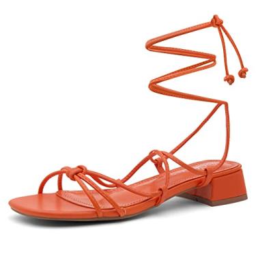 Imagem de Shoe Land Sandália feminina SL-Danica com cadarço de salto baixo com bico aberto e amarrado, Laranja, 6.5