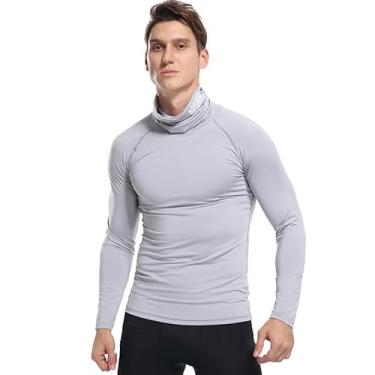 Imagem de BAFlo Camiseta masculina de manga comprida gola alta alta elasticidade justa secagem rápida roupas esportes ao ar livre, Cinza, P
