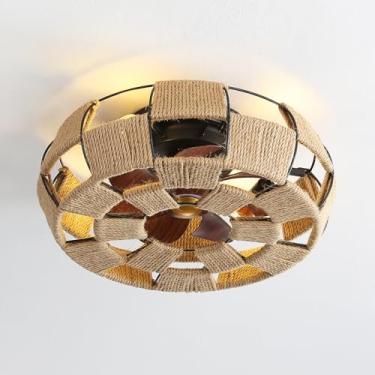 Imagem de Ventiladores de teto de 19,7" com luzes e controle remoto, luz de ventilador de teto de casa de fazenda com tecelagem de corda de cânhamo, montagem embutida Ventiladores de teto reversíveis