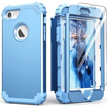Imagem de IDweel Capa para iPhone 8 com protetor de tela (vidro temperado), capa para iPhone 7, capa 3 em 1 híbrida à prova de choque resistente de policarbonato macio de silicone durável amortecedora de corpo inteiro, capa durável, azul paz