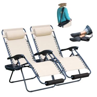 Imagem de YOMIFUN Conjunto de duas cadeiras de gravidade zero, cadeira de gramado, cadeira reclinável dobrável, tudo incluído com almofada de cabeça acolchoada, bandeja de suporte, alça de ombro, almofada de