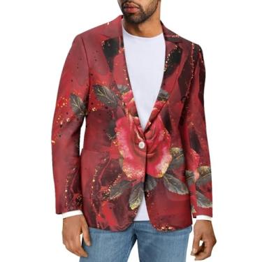 Imagem de Sprowallow Blazer masculino casual slim fit um botão elegante casaco esportivo lapela entalhada terno de negócios blazers jaqueta outono, Rosas vermelhas, 3X-Large