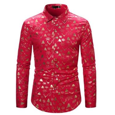 Imagem de Camisa masculina com estampa bronzeada colorida brilhante manga comprida abotoada camisa masculina festa natal formatura masculina, Vermelho, GG