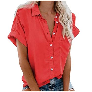 Imagem de Camiseta feminina de linho de cor sólida, manga curta, abotoada, gola V, camiseta casual, Vermelho, M
