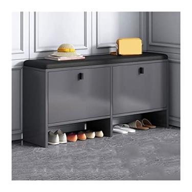 Imagem de prateleira de sapatos Armário de sapato de entrada de madeira de armazenamento de calçados de madeira com almofada de assento acolchoada, prateleiras ajustáveis, gabinete de sapatos de varanda para co