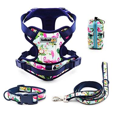 Imagem de Conjunto de suporte de bolsa de cocô de coleira de 1,5 m, refletivo, ajustável, sem puxar, colete de cachorro com trava de segurança, alça de controle fácil, para cães pequenos, médios e grandes, 4 peças-M-azul-marinho