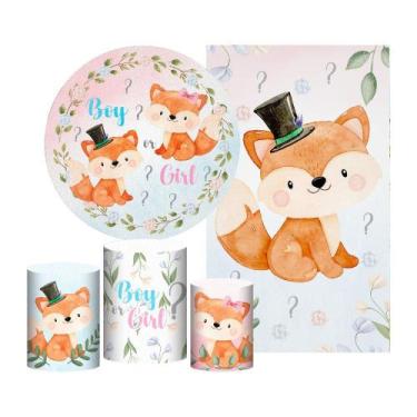 Imagem de Kit Casado Chá Revelação Painel Redondo Trio Capas Cilindro - Prime De