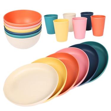 Imagem de 18 conjuntos de louça de palha de trigo, conjunto de pratos inquebráveis, jogo de pratos, tigelas e copos reutilizáveis, conjunto de pratos, lava-louças, micro-ondas para cozinha, ao ar livre, viagem,