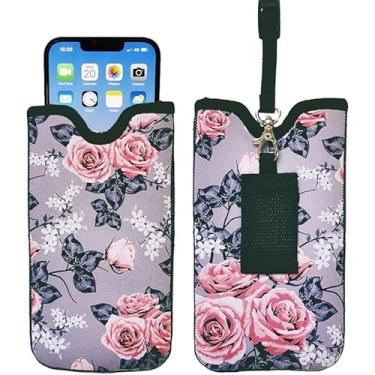 Imagem de Tainada Bolsa masculina e feminina de neoprene à prova de choque com cordão de pescoço, coldre de cinto para iPhone 15 14 13 Pro Max, Samsung S23, A54, Google Pixel 7a 8 (cinza floral)