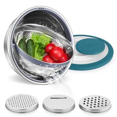 Imagem de E-far Escorredor com conjunto de tigela de mistura, 4-1 coadores de aço inoxidável com raladores para cozinha, coador de alimentos rotativo para enxaguar frutas, legumes/escorrer macarrão - azul