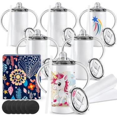 Imagem de Joyclub Pacote com 6 copos de sublimação para bebé, copos infantis em branco de 350 ml, copo de sublimação com alça de aço inoxidável isolado reto com tampa à prova de respingos e canudo