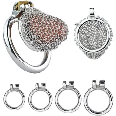 Imagem de Gaiola para pênis de aço inoxidável, malha respirável, gaiola para pênis de metal com 4 tamanhos de anel para escolher entre cinto de castidade para homens, brinquedo sexual de castidade(Rund 55 mm)