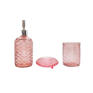 Imagem de Kit para Banheiro de Vidro 3 Peças - 420ml - Rosa - 1 unidade - Rizzo