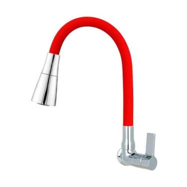 Imagem de Torneira Cozinha Flexível Parede Jato Duplo Vermelho/cromo - Montelar 