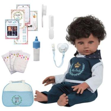 Imagem de Boneco Reborn Bebê Negro Conjunto Azul Corpo 100% Vinil - Cegonha Rebo