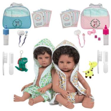 Imagem de Boneca Reborn Negra Gêmeos Realista Roupão Bichinhos 46cm - Cegonha Re