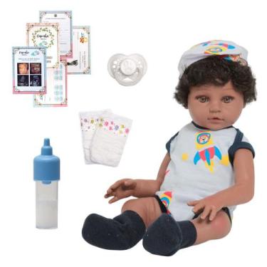 Imagem de Bebê Reborn Menino Negro 46cm Com Roupa Aviãozinho Fofo - Cegonha Rebo