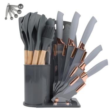 Imagem de Kit 19 Utensílios De Cozinha Com Cabo De Madeira E Silicone (Cinza)