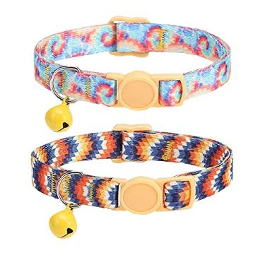Imagem de SOLMOONY Coleira de gato fofa para meninas e meninos, coleiras coloridas para gatos com sino, pacote com 2, nylon estampado ajustável com fivelas de segurança coleira gatinho (desenho colorido)