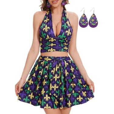 Imagem de Ovokcina Roupas femininas de carnaval 3 peças sexy frente única amarelo roxo verde com tops cortados, saias curtas, brincos Ot3-04-G