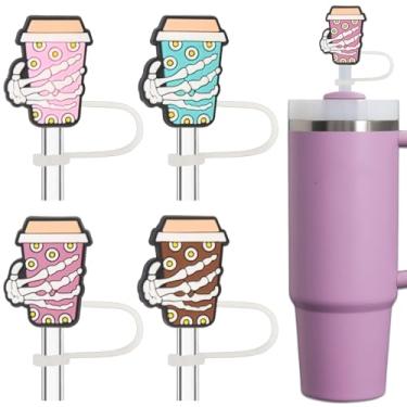 Imagem de Amreich Tampa de palha de café para copo Stanley - 4 peças de topo de palha de silicone acessórios engraçados de canudo de caveira para Stanley Quencher H2.0 850 g e copos de 1,134 g