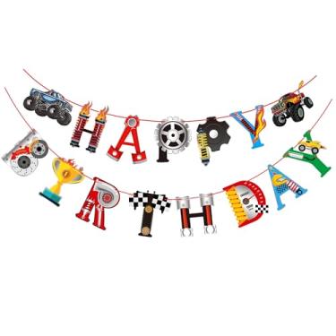 Imagem de Banner de aniversário de caminhão Monster Truck para decoração de festa de máquina de monstro, carros, caminhões, faixa de aniversário, decoração de tema de carro de corrida