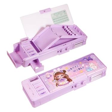 Imagem de Humyoun Estojo multifuncional para meninas, organizador de canetas de desenho animado fofo com trava de senha, apontador, agenda, presentes de papelaria de aniversário de Natal para crianças (roxo