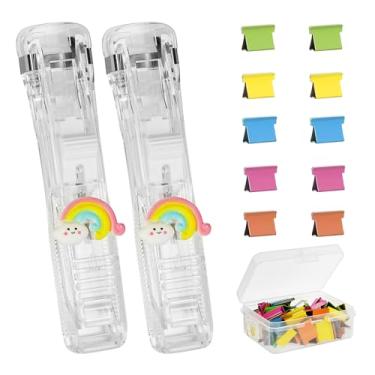 Imagem de CAIRIAC Dispensador de clipe de molusco de plástico, grampeador de plástico, dispensadores de clipe de papel arco-íris, pacote com 2 grampeadores manuais de escritório, clipes de papel, dispensador de