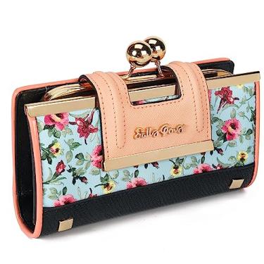 Imagem de Carteira feminina de couro de grande capacidade, carteira longa de grande capacidade, com compartimentos e clipes para 10 cartões, e carteira zero com fivela no meio, Azul-claro, Vintage