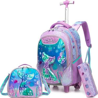 Imagem de Meetbelify Mochila com rodinhas para meninas e meninos, mochilas para estudantes do ensino fundamental, bagagem infantil, Roxo sereia, Medium