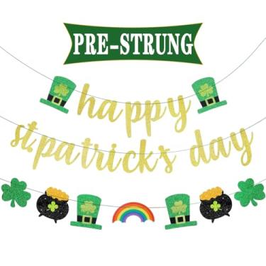 Imagem de Banner pré-amarrado feliz dia de São Patrício, faixa com glitter feliz dia de São Patrício com trevo irlandês e pote de ouro, arco-íris e chapéu irlandês guirlanda para casa lareira interior manto