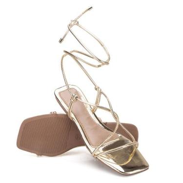 Imagem de Sandália Rasteirinha Dourada  Feminina Regulagem Tira de Amarrar - Riz