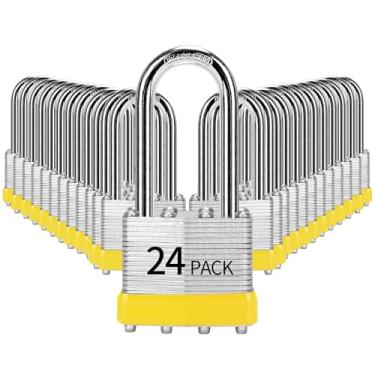 Imagem de HZSY Cadeado com chave de aço laminado (1-9/40.6 cm, 40 mm), fechaduras com chave, embalado com 24, cadeados longos, aros de plástico amarelo, para caixa de ferramentas, armário e unidade de