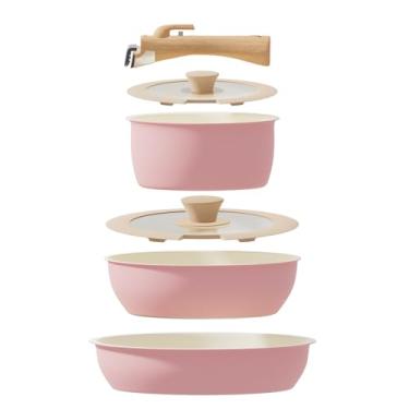 Imagem de ShanSon Conjunto De 6 Peças De Utensílios De Cozinha Antiaderentes Com Alça Removível, Potes E Panelas Empilháveis, Conjunto Antiaderente Para Gás De Indução, Trailers, Camping, Economia De Espaço,