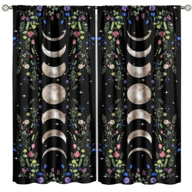 Imagem de Cortinas de sol e lua celestial místico com fase da lua boho floral blackout tratamento de janela para sala de estar quarto cozinha decoração cortinas de janela 107 cm L x 114 cm C
