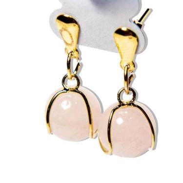 Imagem de Brinco Bolinha Na Cesta Quartzo Rosa Tarraxa Dourado - Varejo