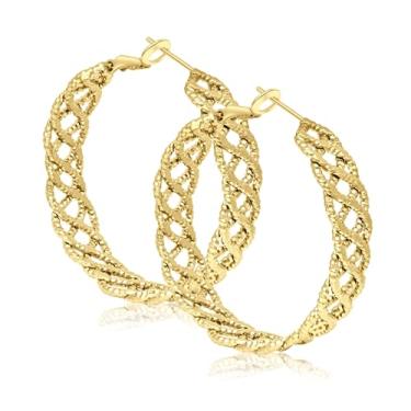 Imagem de ZEMSVIC Brincos de argola grossa banhados a ouro 10K fosco para mulheres - design elegante hipoalergênico - brinco de argola em forma de faixa de malha - presentes para mães namoradas, Banhado a ouro