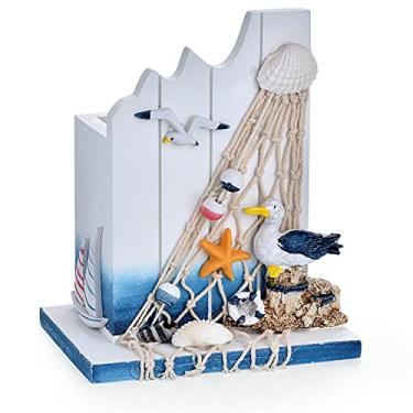 Imagem de SeaHug Nautical Wooden Pen Holder- Handcrafted Ocean Beach Sea Birds Mediterranean Theme Makeup Brush Organizer Ornaments-Coastal Stationery Gift