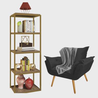 Imagem de Kit Poltrona Fatte com Manta Soft Cinza e Estante Livreiro Ferro Dourado mdf Rústico Su...