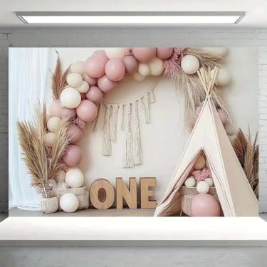 Imagem de XUNJIN NO.1 Pano de fundo para fotografia de barraca de balão de grama boêmia, faixa multiuso de vinil para quebra de bolo de 1º aniversário, decoração de festa de fim de ano, cenário de estilo boêmio