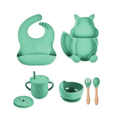 Imagem de Kit 7 Alimentação De Bebe Prato Silicone Infantil Babador (Ciano)