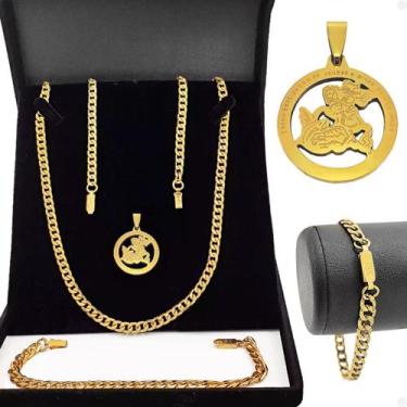 Imagem de Corrente aço inox banhada + pulseira são jorge + corrente grumet relig