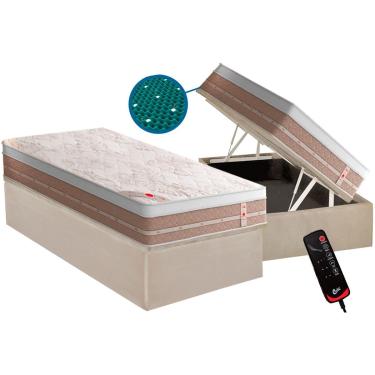 Imagem de Cama Box Baú Solteiro: Colchão Espuma Castor Vibro Massagem Magnético Premium + Base CRC Courano Clean(88x188)