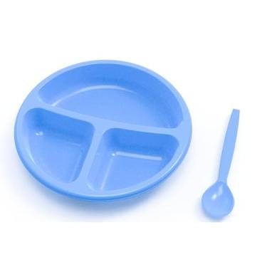 Imagem de Kit Refeição Infantil Prato Com 3 Divisórias + Colher Baby Introdução Alimentar Bebê 600mL Multiuso (AZUL)