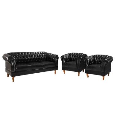 Imagem de Conjunto 03 Peças Namoradeira E Poltronas Chesterfield Duque Via Encanto Courano Preto
