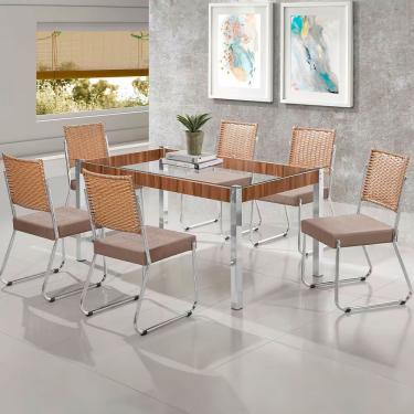 Imagem de Mesa De Jantar Claudia Com Tampo Kanon 6 Cadeiras Aço Nobre Bege E Nogal