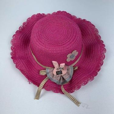 Imagem de Chapéu De Palha Sintética Infantil Moda Praia Com Coelhinho Com Elástico pink