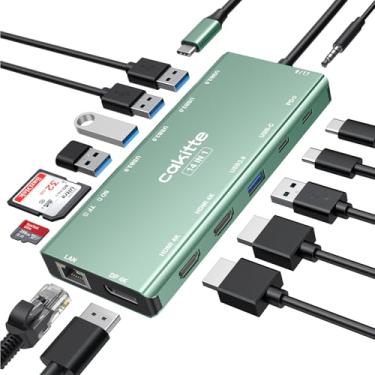 Imagem de Estação de ancoragem para laptop USB C, adaptador multiportas cakitte 14 em 1 tipo C com 3 monitores, HDMI duplo, DP, Ethernet, SD/TF, microfone/áudio, PD, compatível com MacBook, Dell, HP, Lenovo