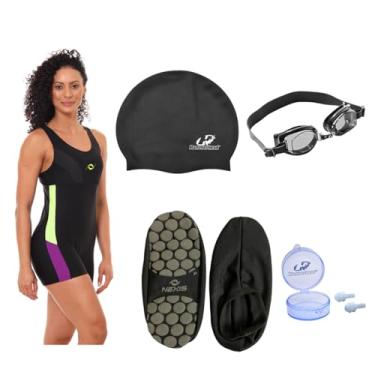 Imagem de Kit Macaquinho Natação Óculos + Touca Silecone + Protetor de Ouvido E Sapatilha Hidroginástica (Óculos - Preto/Sapatilha Preta - M, P)