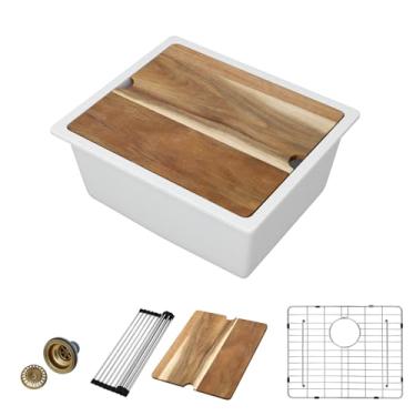 Imagem de Donsdey Pia de cozinha pequena composta de granito, pia de barra úmida com estação de trabalho, quartzo, tigela única semelhante a pedra natural (branco fosco, 53 cm)